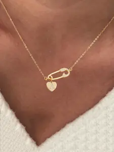 Women's Elegant Zirconia Pin Heart Initial Pendant Necklace,  Fashionable Stainless Steel Chain, All Seasons Jewelry, Heart Design Necklace