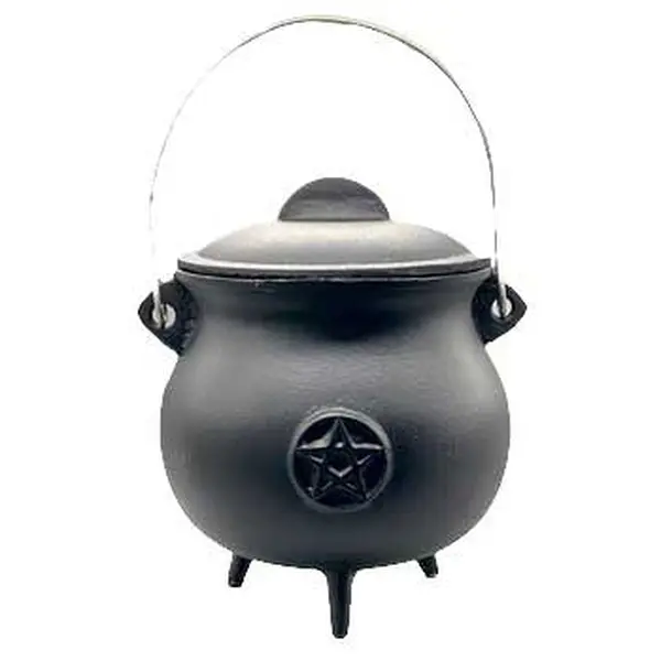 Pentagram Cast Iron Cauldron 8 Inch with Lid — Large Wiccan Altar Cauldron