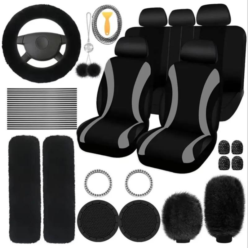 Car Interior Decorative Accessories, Car Seat Decorative Accessories, Universal Plush Steering Wheel Protective Cover Kit, Fashionable Car Interior Seat Set for Women & Men, Cute Car Accessories