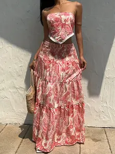 Women's Boho Style Two-Piece Set, Spring Summer Floral Print Halter Top & Layered Long Skirt, Elastic Waist, Vacation