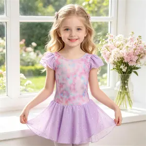 Toddler Girls Ballet Leotard Tutu | Ruffle Sleeve Watercolor Sparkle Dance Dress for Gymnastics & Ballet Class