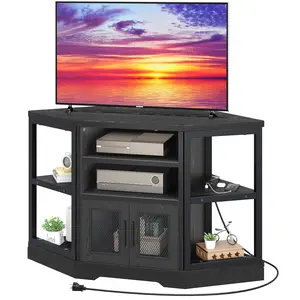 YITAHOME Corner TV Stand for TVs up to 55/50 Inch with Power Outlet, Modern Farmhouse Entertainment Center, Wood TV Media Console with Storage Cabinets Shelves for Living Room, 47" Black