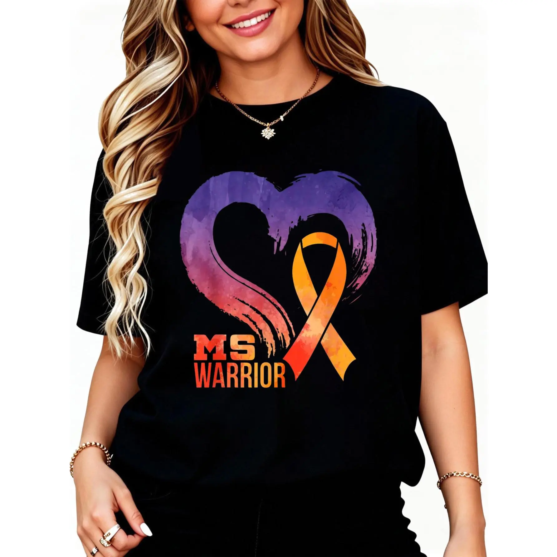 100% cotton Ms Warrior Heart Multiple Sclerosis Awareness Month T-Shirt casual Fashion graphic tees women women graphic shirts