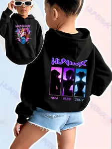 Girls Kpop Demon Hunters Korean Style Silhouette Print Hoodie, Christmas Gift, Casual Fitted Cartoon Pattern, Fall & Winter Wear