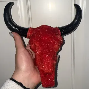 Miniature Plaster Casted Bull Skull with red crystal design  - Decorative Ornament