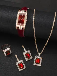 5-piece set of small green dial diamond-encrusted square ladies' watches, retro and fashionable women's wristwatch set, Jewelry Watch Set