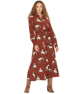 Cotton Women's And Rye Boot Barn Horse Print Waist Tie Midi Dress - Crwd9601m