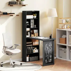 Black Wall-Mount Fold-Out Convertible Murphy Desk, with Blackboard and Side Shelf - Space-Saving Office Computer Workstation for Small Apartments, Bedrooms