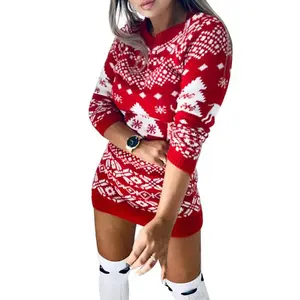 Female Knitted Dress, Christmas Floral Print Round Neck Long Sleeve  for Women, Black/Red 2024 Autumn Winter New Style Women's Long-Sleeved All-Match Christmas Theme Knit