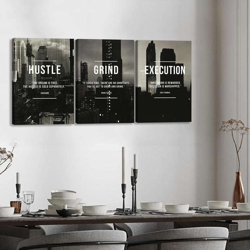 3Pcs Wooden Framed Canvas Painting, Black And White Cityscape With Motivational Quotes, Exquisite Poster, Home Decoration, Pattern Wall Art Decor, For Living Room, Bedroom, Office, Restaurant, Bar Wall Decor, Odorless, Painting, Print Artwork.