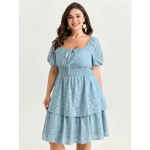 BLOOMCHIC Plus Size Eyelet Embroidered Cinched Waist Mini Dress [M-6X]2026 Summer Vibes