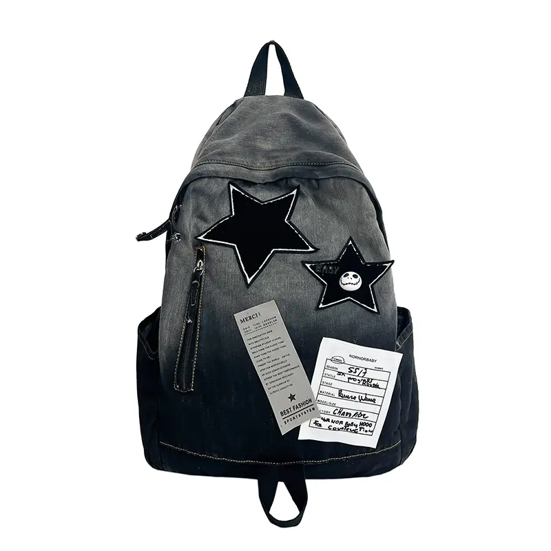 Gradient Washed Denim Backpack, Star Patch Decor Casual Daypack with Side Pockets for School Daily Street
