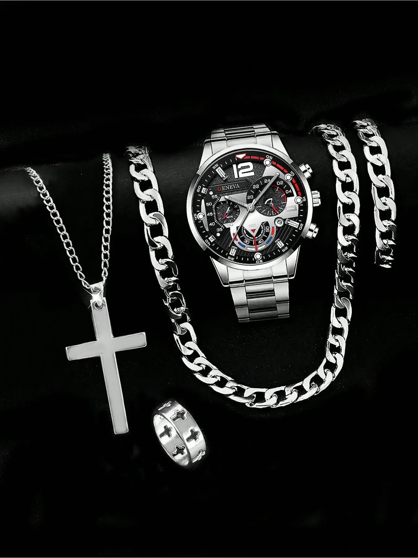 5 Pieces Fashionable Jewelry Set For Boy: Quartz Watch With Stainless Steel Strap, Hip-Hop Cubanlink Necklace, Bracelet And Ring - Ideal Holiday Gift Accessories Set