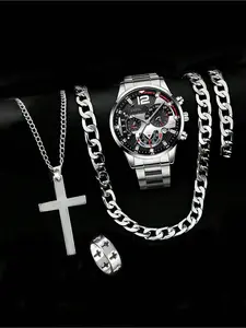 5 Pieces Fashionable Set For Boy: Quartz Watch With Stainless Steel Strap, Hip-Hop Cubanlink Necklace, Bracelet And Ring - Ideal Holiday Gift Jewelry Gift Set