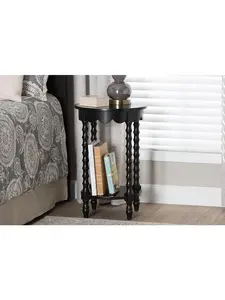 212 MAIN Mid-Century Scalloped Trim Round Nightstand, Mindi Wood Bedroom Side Table with Bamboo-Legs, Open Shelf, Pre-Assembled, Black