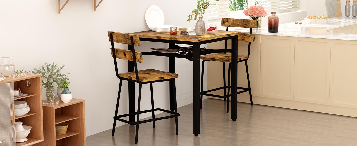 DKLGG 3 Piece Bar Table and Chairs Set, Counter Height Small Dining Table with 2 Bar Stools, Farmhouse Square Kitchen Table with Storage for Bistro, Pub, Small Space