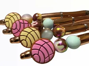Concha Sweet Bread Pens - Custom Beadable Pen with Colorful Beads and Unique Design, Featuring Pink, Brown, and Turquoise Accents Beaded Decorative