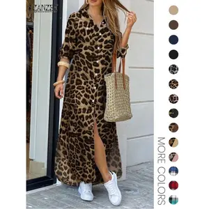 Women’s leopard-print button-front pocket shirt dress with a casual curved hem, long sleeves, and a collared long skirt; suitable for everyday wear in all seasons. GARMENTARY