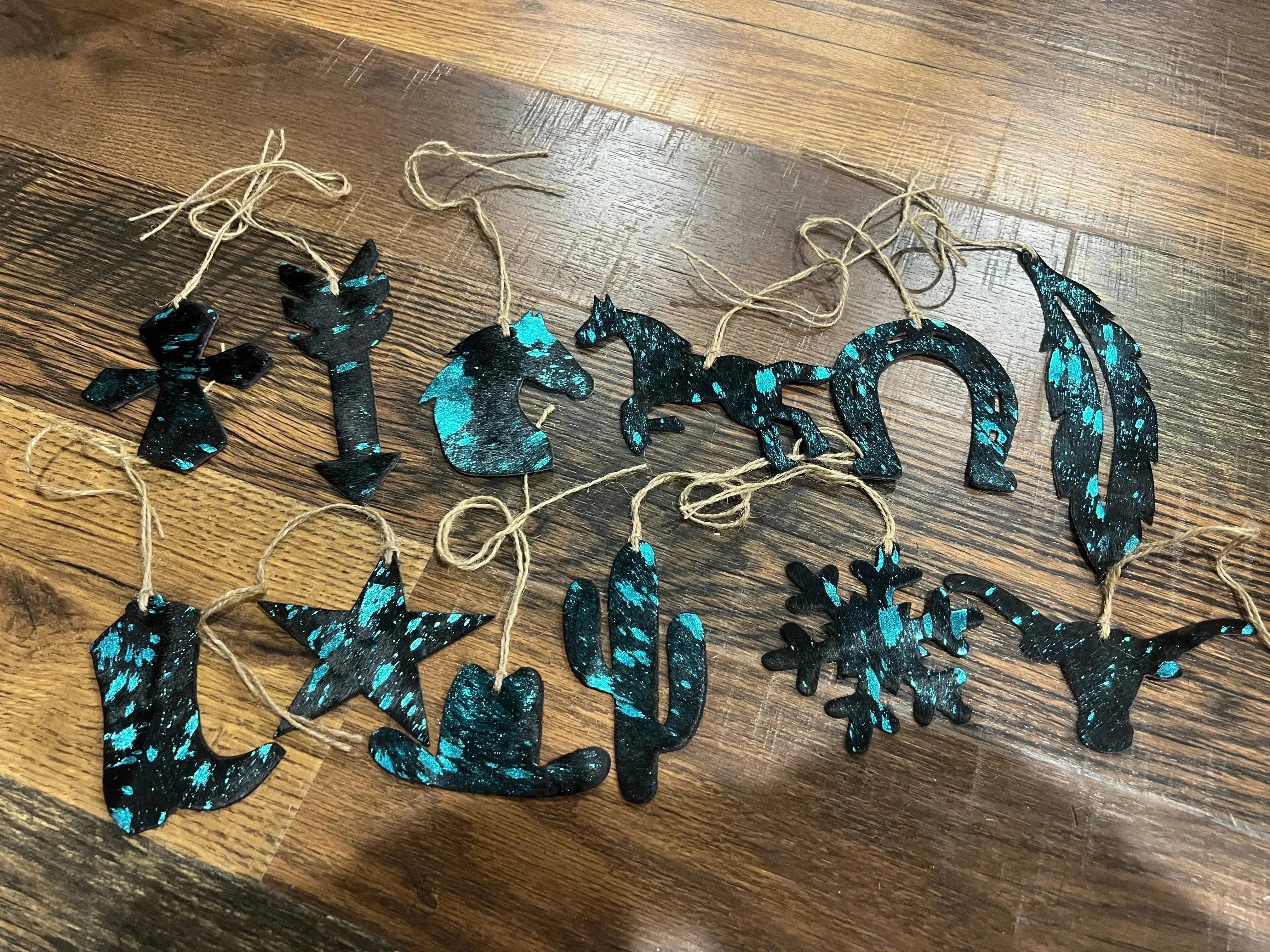 BLUE/BLACK ACID WASH Leather Cowhide Christmas Ornament- Sold Individually