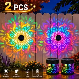 2-Pack Solar Mandala Wall Lights – Waterproof Metal Outdoor Decor, 7-Color Changing Projection Lights for Garden, Patio, Backyard, Courtyard, Fence & Post