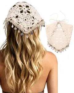 Crochet Hair Bandanas Headscarf for Women Girls Knit Bandana Headband Scarf Tie-Back Boho Hair Scarf Vintage Head Kerchief with Shell Tassel(Beige 2