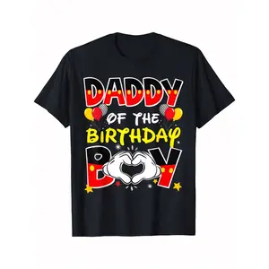 Men's "Daddy of the Birthday Boy" Graphic T-Shirt - Black Casual Round Neck Tee with Colorful Heart and Confetti Design, Ideal for Family Celebrations and Birthday Parties, Comfortable Fit Crewneck Tshirt