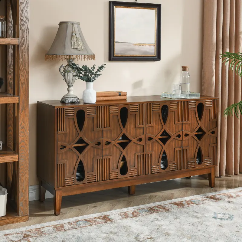 Vintage Walnut Solid Wood Sideboard Buffet Cabinet - 60.5"w x 32"h x 15.8"d, 4 Doors, Adjustable Shelves, Carved Openings, 100.76 lbs, Assembly Required, Durable Modern Rustic Wood Storage, Easy to Install and Clean, for Kitchen, Living Room, Large Storag