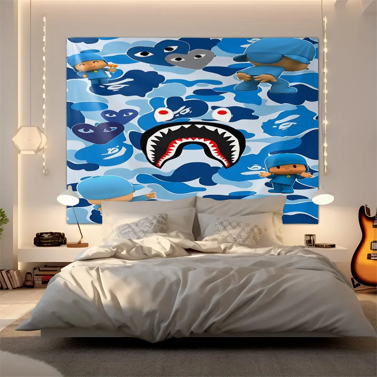 Cartoon Camo Shark Print Tapestry, Exquisite Decorative Wall Hanging, The Perfect Backdrop Decoration for Bedroom, Dormitory, And Living Room ，Mix-and-Match Style Wall Tapestry.