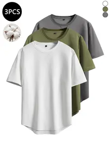 3-pack men’s T-shirts with curved hem, loose fit, cotton blend, moisture-wicking and four-way stretch; breathable casual loose-fit T-shirts suitable for workouts and everyday wear.