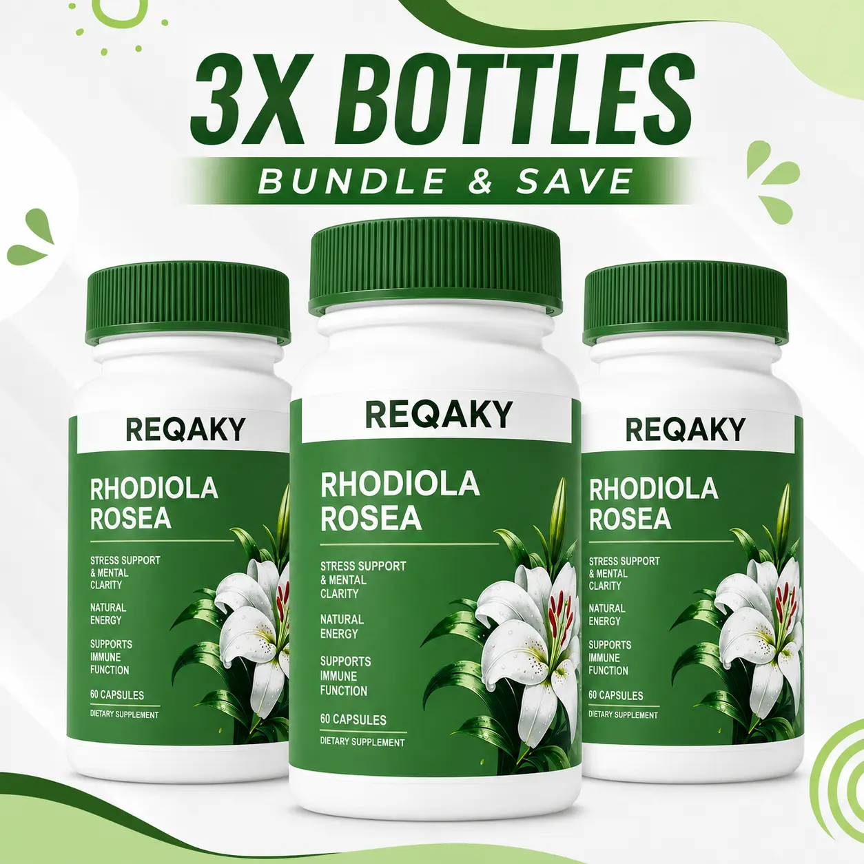 Reqaky Rhodiola Rosea Extract Dietary Capsules - Gluten-Free, GMO-Free Herbal Wellness Supplement, Stress Reliever, Focus Fuel for Energy & Stamina, 60 Caps, Sixty Caps