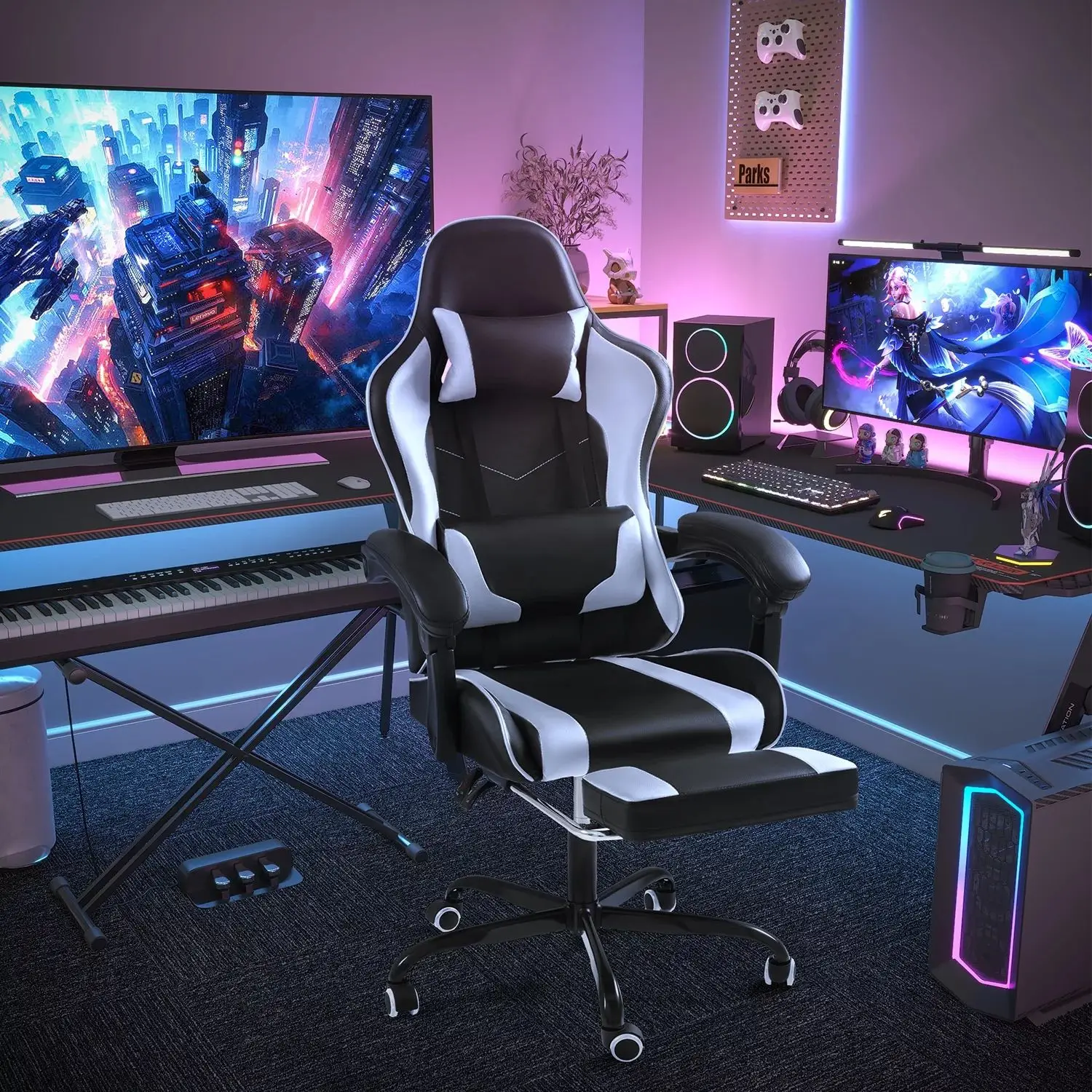 HOMALL PU Leather Gaming Chair Carbon Fiber Massage Ergonomic Gamer Chair Height Adjustable Computer Chair with Footrest & Lumbar Support
