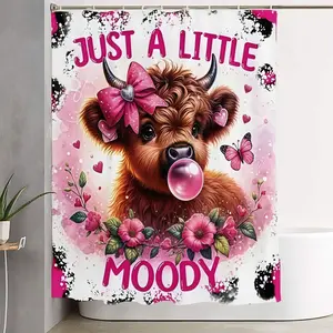 1/4pcs Cute Highland Cow Shower Curtain Set - Adorable Baby Calf with Pink Bows, Bubblegum, Floral Accents & Heart Details - Includes Matching Toilet Seat Cover & Bath Mats - Perfect for a Whimsical Bathroom Makeover! - Bathroom Decoration Accessories