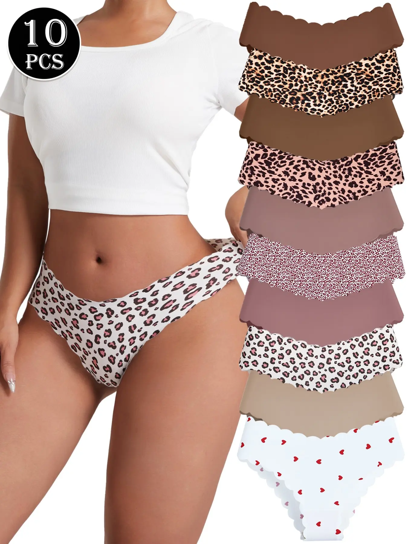 10 Pack Women's Seamless Panties - Scalloped Wave Edge Breathable Nylon Spandex 10+ Styles (Wild Leopard/Romantic Heart & Solids) in Maillard Color Palette All-Day Comfort Fashion Underwear