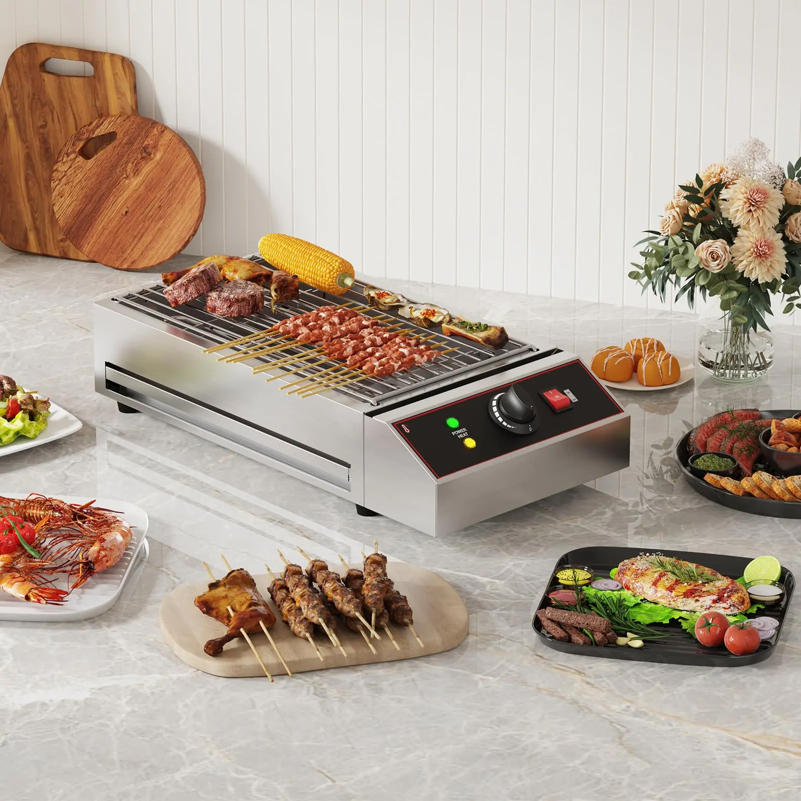 Garvee Smokeless 1800W Electric Grill for Indoor & Outdoor – Commercial Stainless Steel Countertop BBQ Grill – Removable Griddle – Adjustable Temperature 122°F-572°F – Portable for Home, Restaurant, Party, Camping