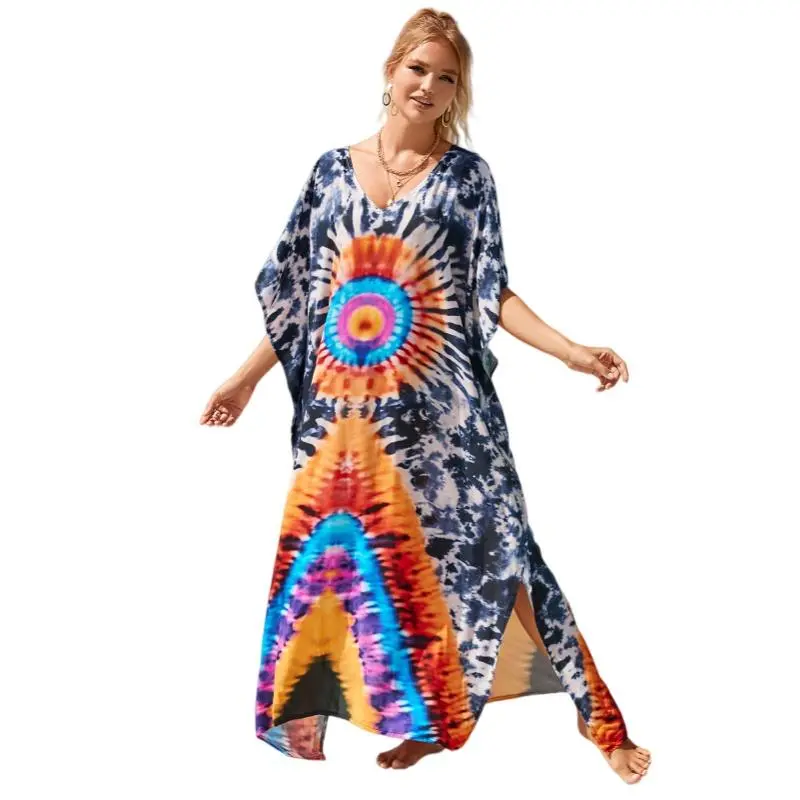 Women's Plus Size Caftan Dress, Boho Viscose Mumu with Deep V Neck, Long Summer Beach Vacation Cover-Up