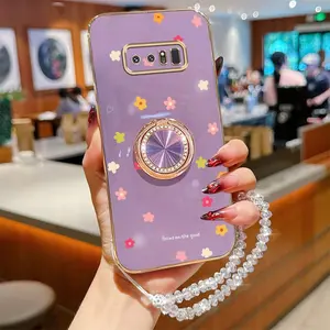 Note 8 Fashion Series Crystal Jewelry Strap Lanyard Phone Holder Case For Compatible With Samsung Galaxy Note 8 Plating Cover and Elegant Beautiful and Lovely Flowers Protector Cases