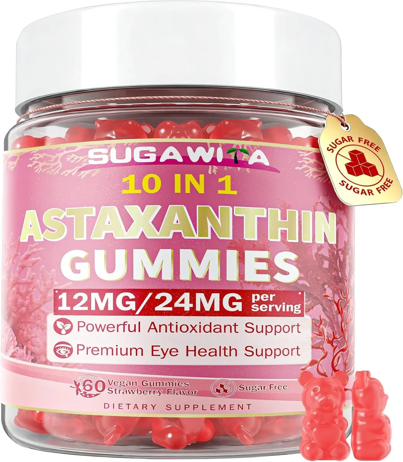 SUGAWITA Astaxanthin Supplements 12mg/24mg for Women & Men, Astaxanthin Gummies 10 in 1 Antioxidant Supplement, Astaxanthin Organic with Lutein, Resveratrol for Skin, Eye & Immune Health, Vegan