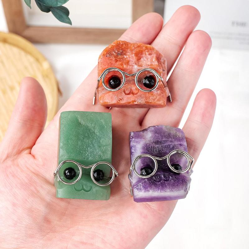 Random Color Natural Crystal Gemstone Pet Figurines with Glasses, 1/3/5 Counts DIY Handmade Crystal Carving Fengshui Sculptures, Pet Memorial Ornaments, Home Garden Decor Natural Crystal Set