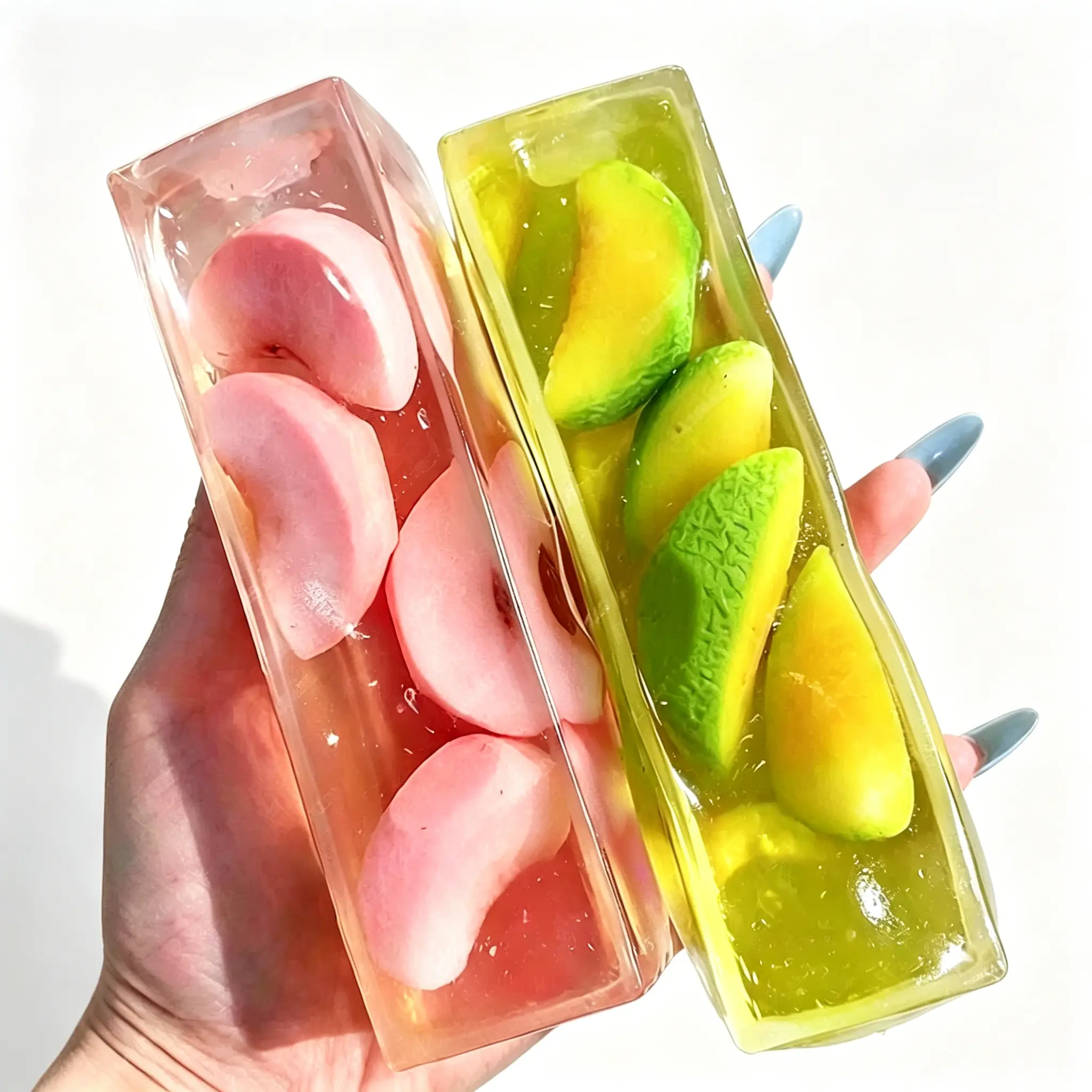 Realistic Fruit Long Bar Clear Squishy Fidget Toy, Peach Melon Watermelon Inside Jelly Squeeze Toy, Soft Slow Rebound Sensory Hobby Play Toy, Anxiety Relief Stress Toy Gift for Teens Adults & Kids