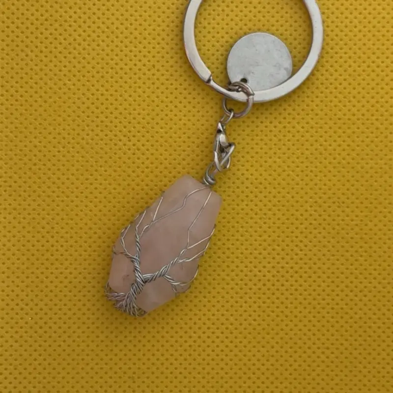 Coffin Shaped rose quartz keychain 3”