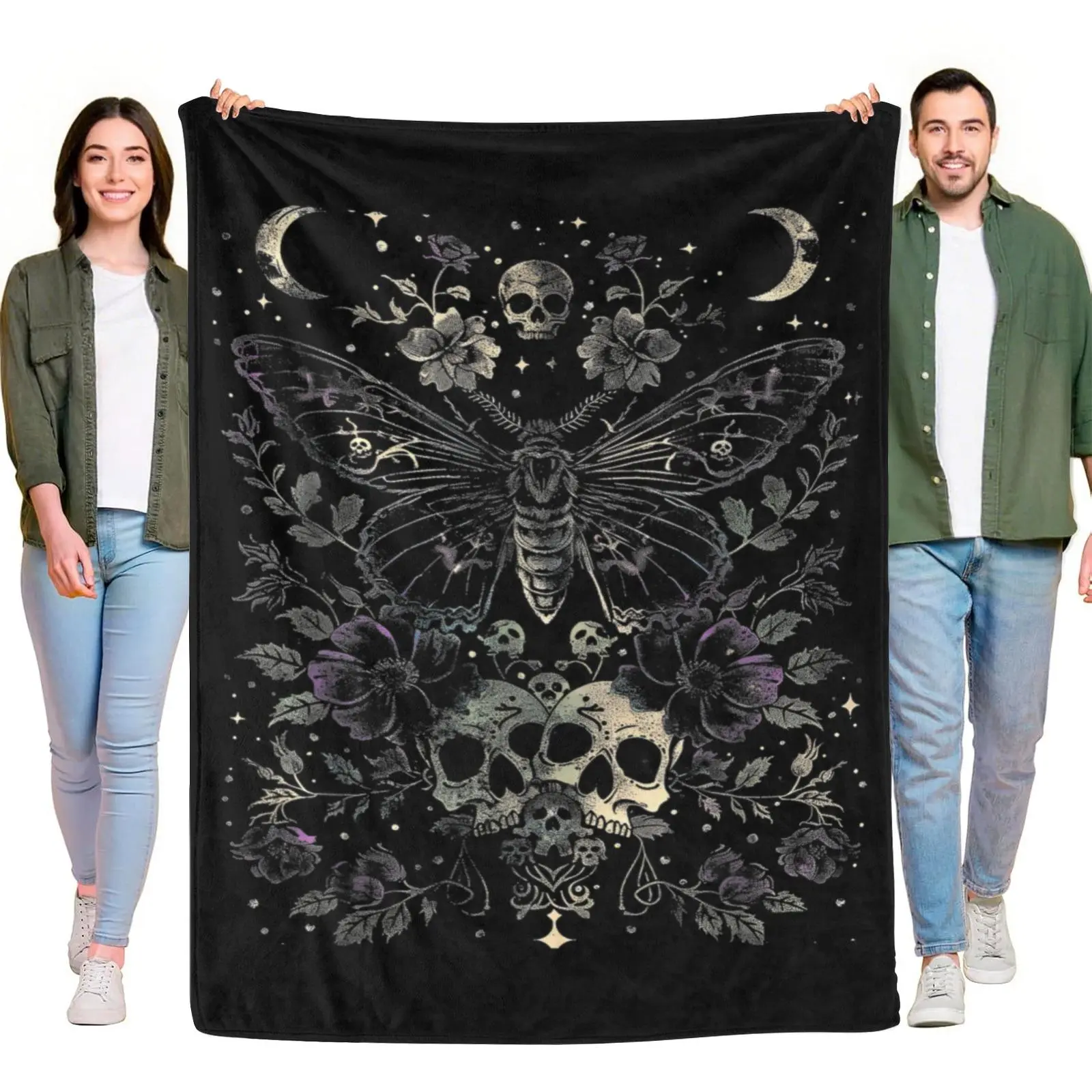Gothic Moth Skull Floral Crescent Moon Star Vintage Dotwork Throw Blanket, Dark Witchy Botanical Skull Lightweight Flannel Blanket For Gothic Home Decor, Dotwork Print, One-Piece