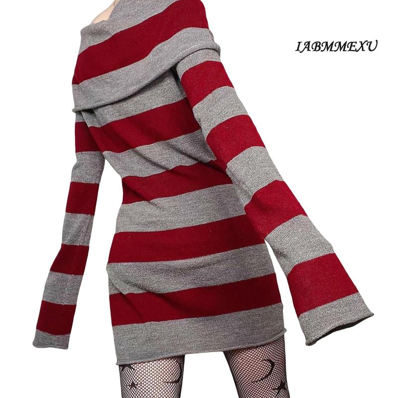 (influencer-approved) Women Gothic Dress Punk Off Shoulder Striped Knit Dress Y2k Fairy Grunge Dress Halloween Dark Academia Clothes Casual Long Sleeve comfortable  dress Summer Black Light Polyester Womenswear Boat Bodycon Check