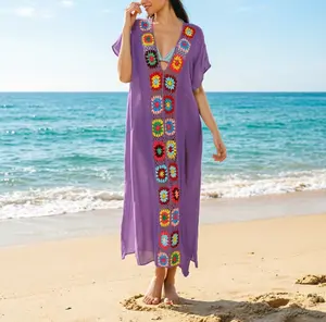 Women's Plus-Size Swim Cover-Up Set - Long Beach Cover-Up with Crochet Detailing, Center Slit, Sun-Protective Design