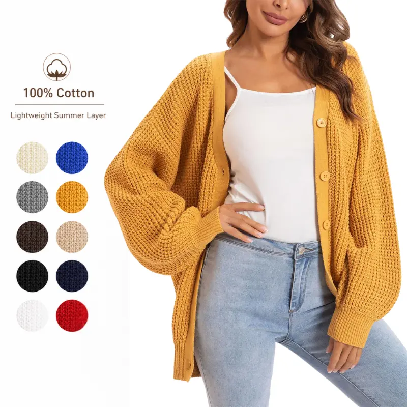 QUALFORT Women’s Over Size Featherweight Knitting Cardigan, Casual Oversized Basic Cotton Fold-Over Button-Down Long Lantern-Sleeve Women’s Clothes for AC Indoor Use