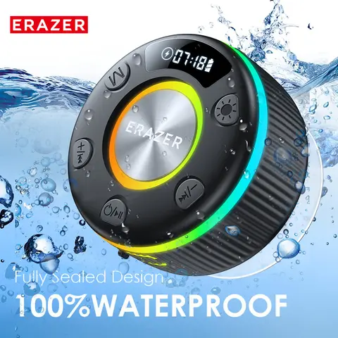 ERAZER XM102 IPX6 Waterproof Dustproof Shockproof Bluetooth Rechargeable Speaker - Portable Wireless 33ft Bluetooth Speaker with Suction Cup, Button Control, 7Color LED Show, Device Connection, Ideal for Outdoor, Home Audio, Birthday Gifts