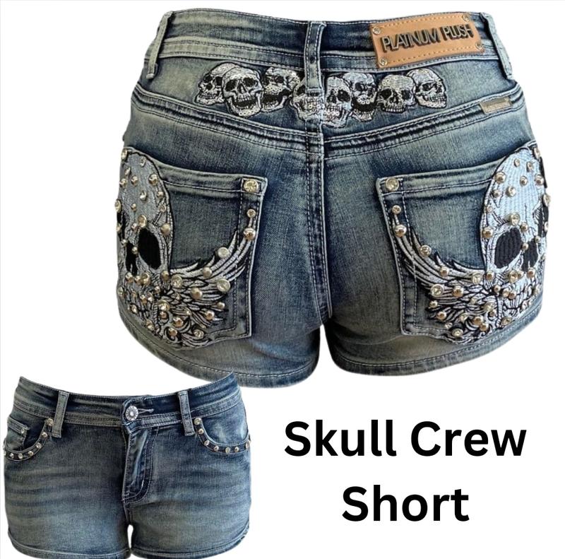 McBling Denim Shorts Y2K Mid Waist Skull Wing Cross Plus Stretch biker rocker vintage Rock rhinestone vaquera Embroidered street Alt emo edgy Fit