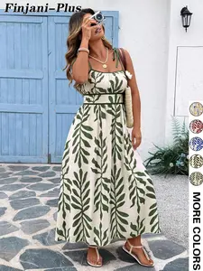 【Plus Size】 Leaf Print Cami Dress, Casual Sleeveless Spaghetti Strap Maxi Dress for Beach Holiday Vacation, Women's Plus Clothing for Summer