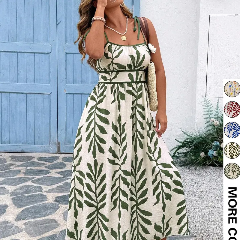 【Plus Size】 Leaf Print Bohemian Cami Dress Casual Sleeveless Spaghetti Strap Maxi Dress for Beach Holiday Vacation, Women's Plus Clothing for Summer