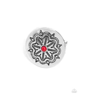 Carved Coachella - Red Bead Silver Ring - Paparazzi