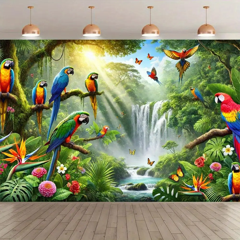 Vibrant Tropical Rainforest Bird Gathering Tapestry High Quality Polyester Photography Backdrop with Waterfall Flowers Lush Foliage for Studio Props Party Decor Indoor Outdoor Banner,summerwins